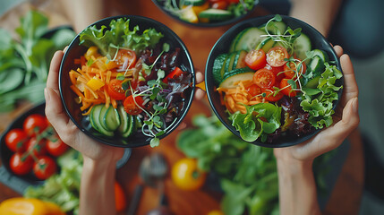 Top view Asian man and woman healthy eating salad after exercise at fitness gym, Two athlete eating salad for health together, Selective focus on salad bowl on hand, hyperrealistic food photography