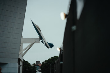 A plane is hanging from the wall of a museum in Los Angeles, California