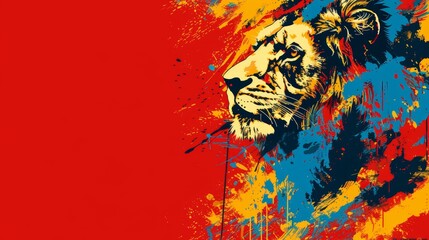   A lion's head painted against a multicolored backdrop of red, blue, yellow, and red, adorned with random paint splatters