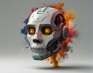 Robot head, with colored smoke on an isolated background. Banner.