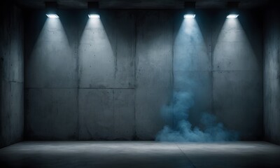 Dark and moody night scene with blue spotlight smoke and concrete textured walls