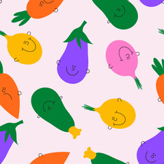 Vegetable seamless pattern. Cartoon vegetable collection. Cute carrot, onion, eggplant, zucchini for kids.