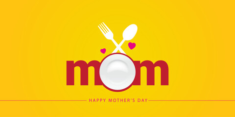 Mother's Day Creative Concept Idea Theme for Restaurant Food and Mom kitchen, MoM Logo with Plate Spoon and heart love, Happy Mother's Happy Earth, I love my mother kitchen and restaurant food chart