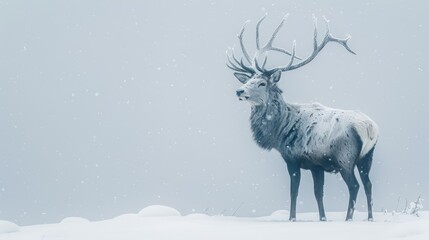   A large elk atop a snow-covered field during a wintry day, its antlers heavily coated with snow
