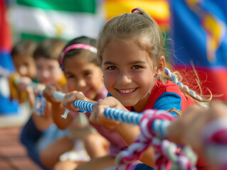 Children from different countries play tug-of-war together against a backdrop of blurred borders and flags. The concept of peace and friendship, overcoming conflicts.