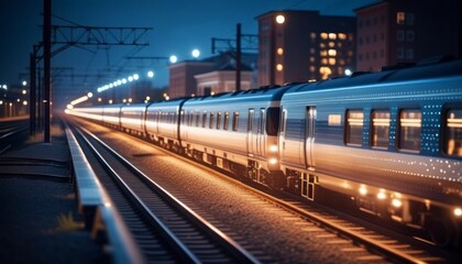 Fototapeta premium Train Traveling Down Train Tracks at Night
