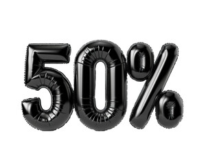 Photo with inflatable black numbers "50% ". Minimalistic balloon lettering isolated on a transparent background