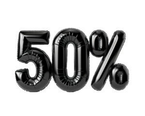 Photo with inflatable black numbers "50% ". Minimalistic balloon lettering isolated on a transparent background