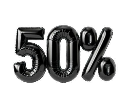 Photo with inflatable black numbers "50% ". Minimalistic balloon lettering isolated on a transparent background