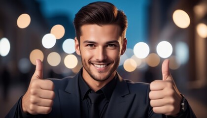 Man Giving Thumbs Up in Front of City Street