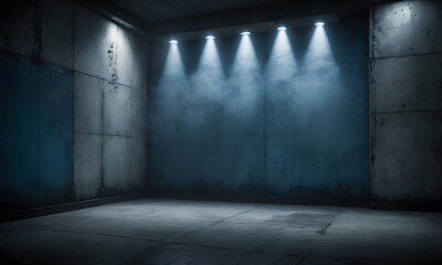Dark and moody night scene with blue spotlight smoke and concrete textured walls