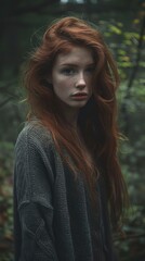 Obraz premium A beautiful young woman with long red hair wearing an oversized cardigan, standing in the forest surrounded by greenery. The scene has a moody and atmospheric feel with detailed facial features
