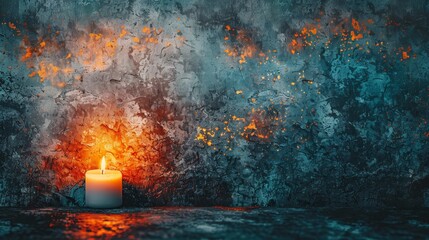   A lit candle sits atop a table, casting light onto a textured, grimy wall The wall emits a faint glow where the candle's flame reaches it - obrazy, fototapety, plakaty
