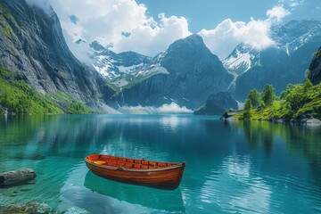 Obraz premium A breathtaking mountain landscape featuring a solitary red boat on a calm lake surrounded by dramatic mountains under a clear blue sky