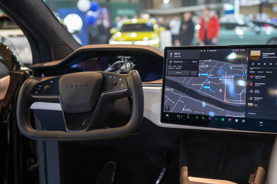 interor of Tesla Model X. Tesla screen, steering wheel, interor car electric ev vehicle