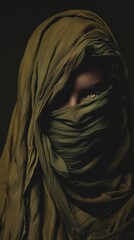A woman with her face covered by the hood of an olive green fabric, illuminated only from behind in darkness. The background is dark and the light creates beautiful shadows on his skin