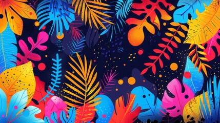  Vibrant tropical leaves painted in hues of orange, pink, blue, and yellow against a backdrop of deep blue