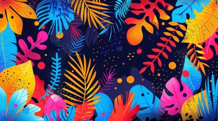Fototapeta premium Vibrant tropical leaves painted in hues of orange, pink, blue, and yellow against a backdrop of deep blue