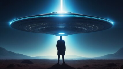 The silhouette of a man stands in landscape, in the beam of a huge flying saucer,at night