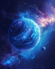 Celestial Marvel A cartoon drawing of an electric blue planet orbiting in outer space within a galaxy, surrounded by moons and gas giants, forming a mesmerizing celestial event, in a colorful and live