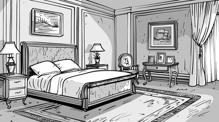 Fototapeta premium Illustrator bed room in black and white style