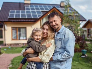 Frontal view of a smiling young beautiful couple with children in front of a new solar-powered house in the city at noon.
