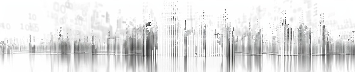 Abstract digital city skyline with reflection on white background. Modern cityscape for technology and urban design concepts.