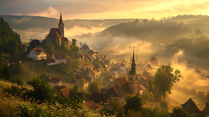 French village bathed in the first light of dawn, shrouded in morning mist, picturesque cobblestone streets, quaint cottages, and charming atmosphere evoking serenity and tranquility - obrazy, fototapety, plakaty