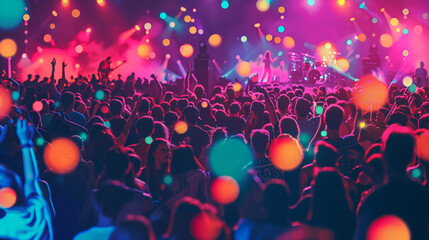 A vibrant music festival with crowds dancing to the rhythm of live bands.