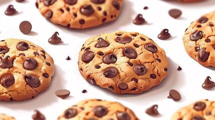 Cookie Harmony An illustration of a seamless pattern of chocolate chip cookies on a white background, emphasizing the perfect blend of ingredients and symmetry that make them a delightful treat 8K , h
