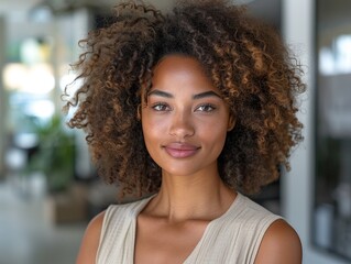Fototapeta premium Stock photo of a young professional woman, neat curly hair, light makeup, beige top, office environment