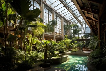 Fototapeta na wymiar A Lush Hotel Atrium Bathed in Soft Afternoon Light, Showcasing a Variety of Tropical Plants and Elegant Architecture