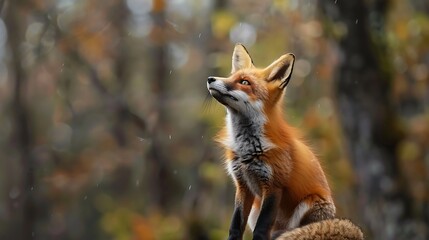 A majestic red fox sits on a rock in the forest, looking up at the sky. - Powered by Adobe