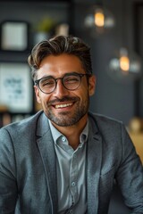 Obraz premium Closeup of a male consultant with a friendly smile, smartcasual attire, office setting with a cityscape backdrop