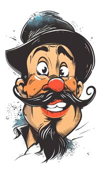 Facial Hair Fun A cartoon drawing of a man with a happy face, featuring a prominent mustache, red lips, and facial hair He wears headgear and makes a playful gesture with his hand, adding to his joyfu