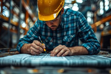 An engineer attentively reviews building plans on a busy construction site, signifying detailed project management