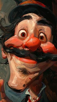 Happy Gentleman An artistic painting of a mans happy face in closeup, featuring a prominent mustache, red lips, and a jawline showcasing his facial hair The man wears headgear and makes a joyful gestu