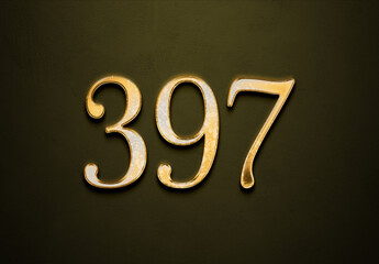 Old gold effect of 397 number with 3D glossy style Mockup.	