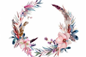 Floral and Feather Wreath on White Background