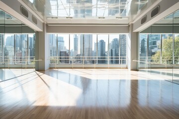 Fototapeta premium A Spacious Dance Studio with Gleaming Mirrored Windows Reflecting the Bustling Cityscape Outside