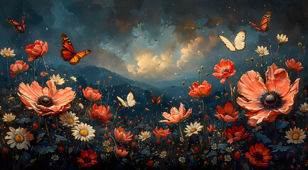 Botanical Odyssey: Oil Painting Narrates Journey of Flowers and Butterflies Across Eras - obrazy, fototapety, plakaty