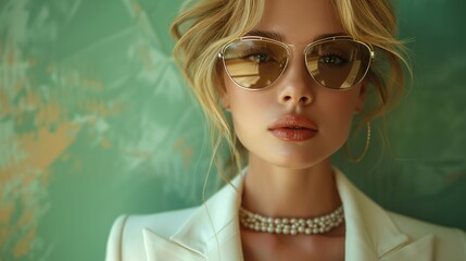 Portrait of a beautiful blonde woman in sunglasses and a white jacket