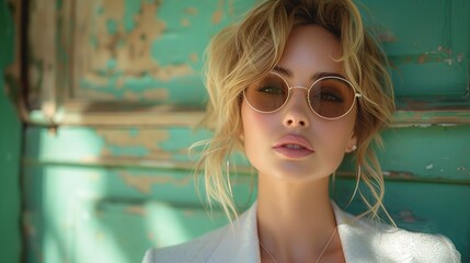 Portrait of a beautiful blonde woman in sunglasses and a white jacket