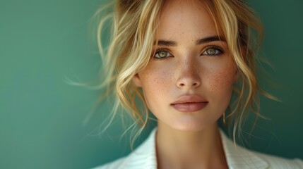 Portrait of a beautiful young woman with blond hair and green eyes - obrazy, fototapety, plakaty