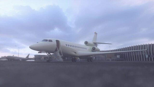 White luxury private jet waiting for passengers on a airfield runway asphalt. Tourist or businessman concept