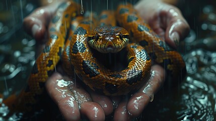 snake in the hands of a man.