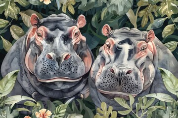 Two hippos in jungle