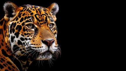   A leopard's face, tightly framed in close-up, against a black backdrop, revealing just the upper half - obrazy, fototapety, plakaty