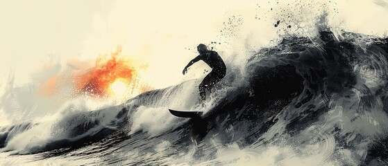Surfer on the wave at sunset. Digital watercolor painting.