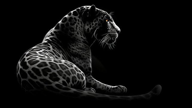   A monochrome image of a leopard against a black backdrop, featuring a crimson eye dot